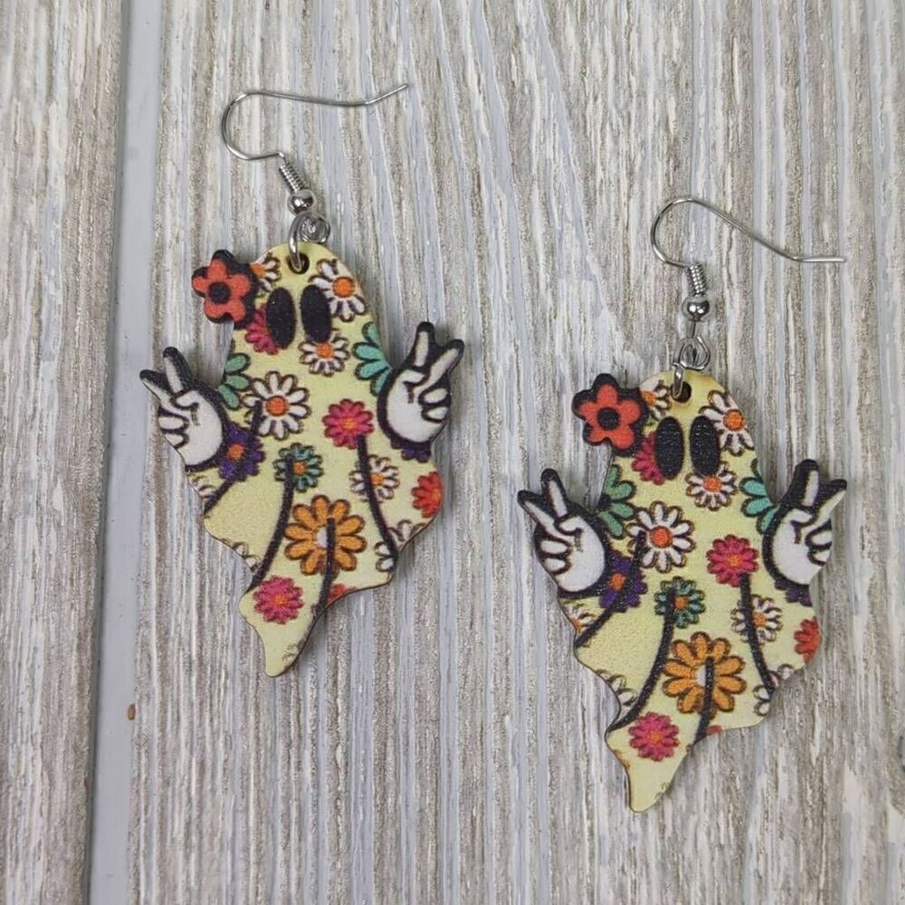 Womens Halloween Hippie Groovy Peace Ghost Dangle Earrings White Floral 1 3/4"